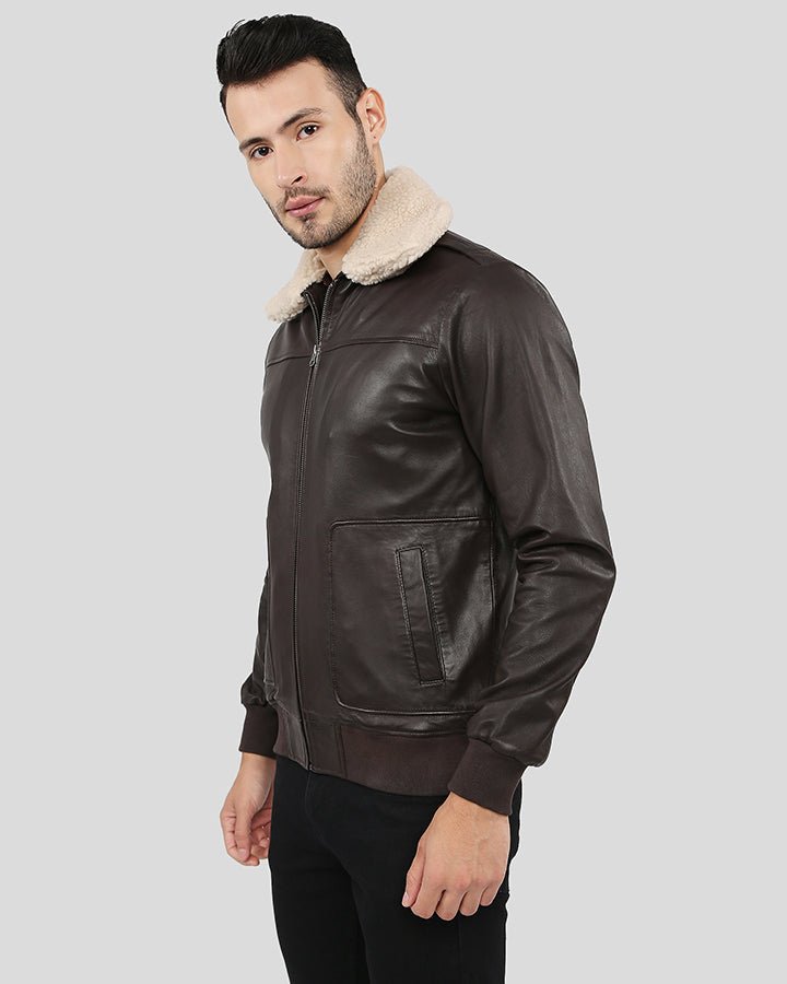 KNOX BROWN BOMBER LEATHER JACKET WITH REMOVABLE COLLAR - Image 9