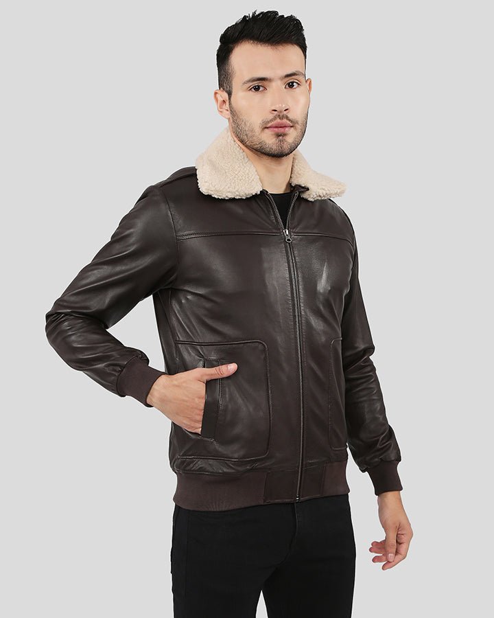 KNOX BROWN BOMBER LEATHER JACKET WITH REMOVABLE COLLAR - Image 8