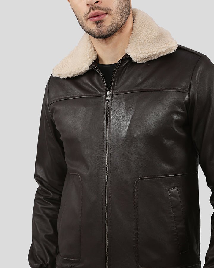 KNOX BROWN BOMBER LEATHER JACKET WITH REMOVABLE COLLAR - Image 6