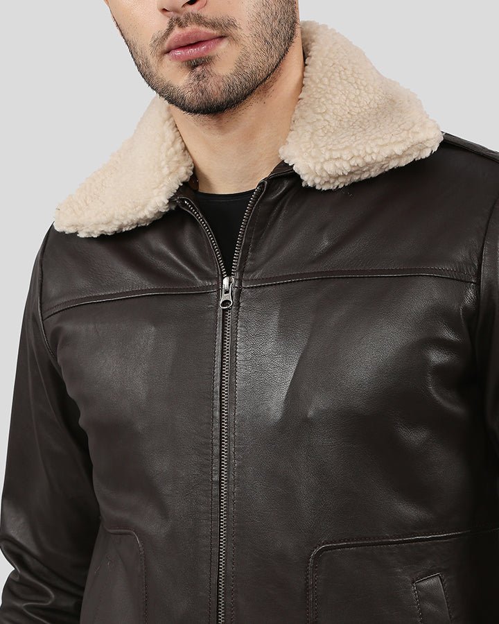 KNOX BROWN BOMBER LEATHER JACKET WITH REMOVABLE COLLAR - Image 5