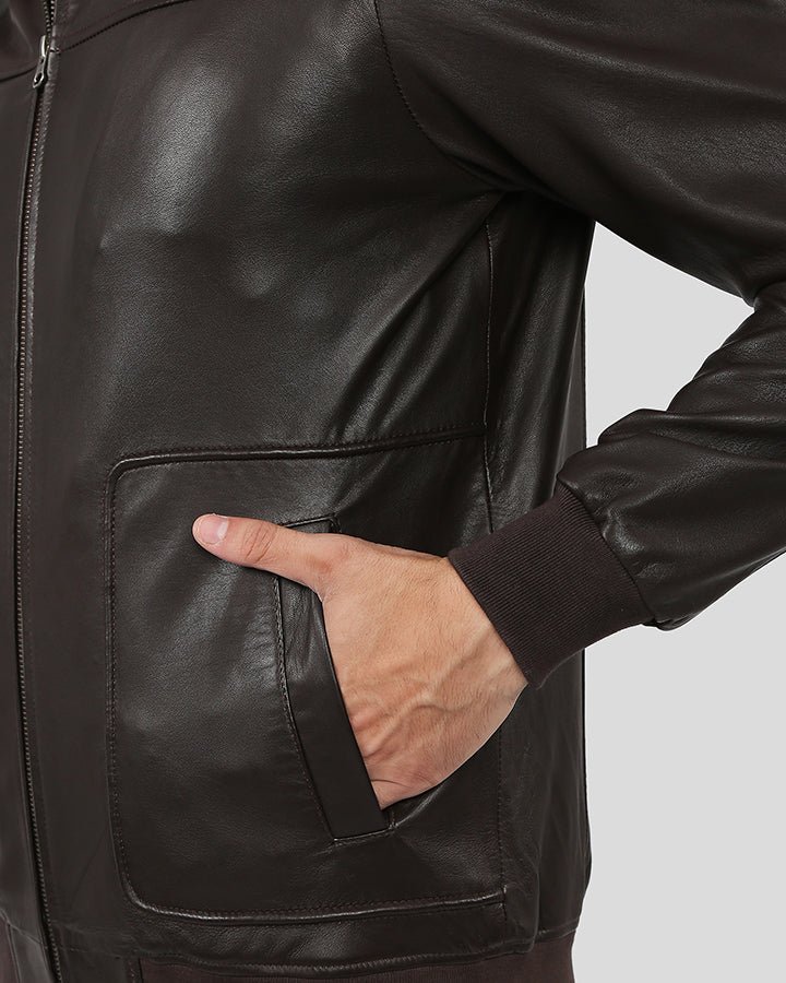 KNOX BROWN BOMBER LEATHER JACKET WITH REMOVABLE COLLAR - Image 4