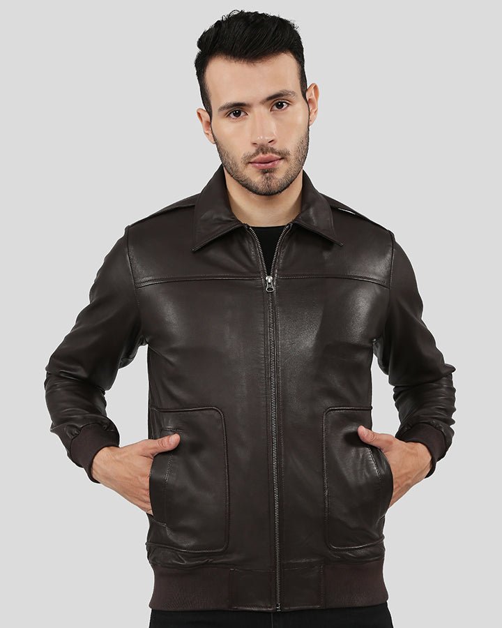 KNOX BROWN BOMBER LEATHER JACKET WITH REMOVABLE COLLAR - Image 3