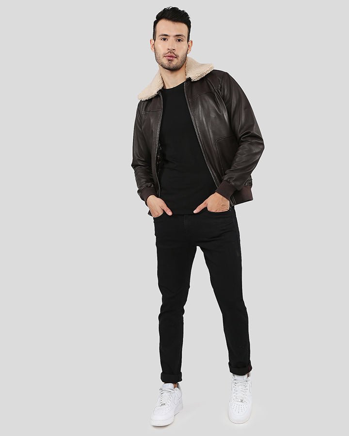 KNOX BROWN BOMBER LEATHER JACKET WITH REMOVABLE COLLAR - Image 2