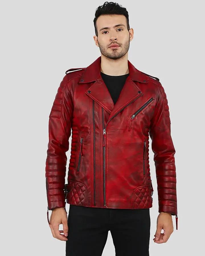 BURKE DISTRESSED RED MOTORCYCLE LEATHER JACKET - Image 9