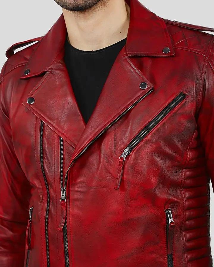 BURKE DISTRESSED RED MOTORCYCLE LEATHER JACKET - Image 5