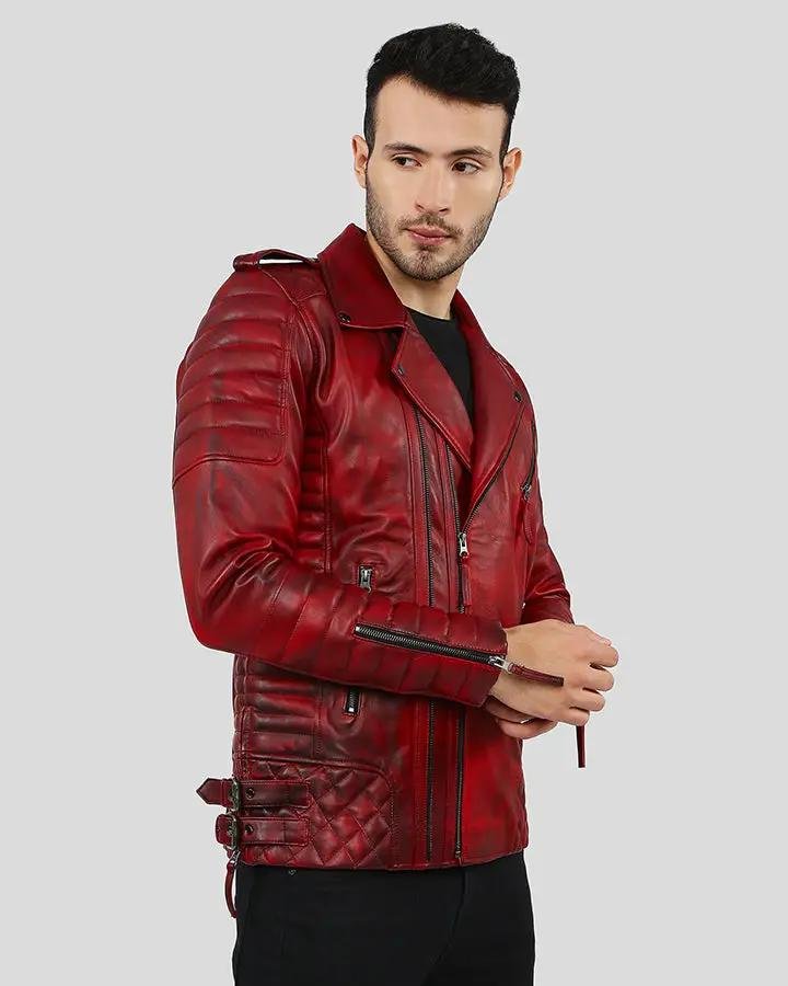 BURKE DISTRESSED RED MOTORCYCLE LEATHER JACKET - Image 2