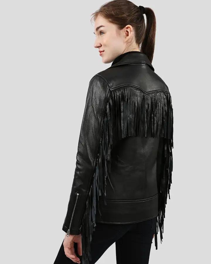 RAQUEL BLACK FRINGE BIKER LEATHER JACKET - Image 8