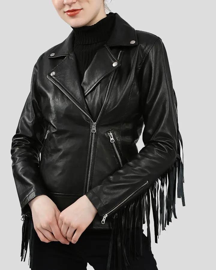 RAQUEL BLACK FRINGE BIKER LEATHER JACKET - Image 7