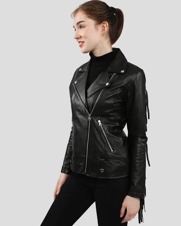 RAQUEL BLACK FRINGE BIKER LEATHER JACKET - Image 6