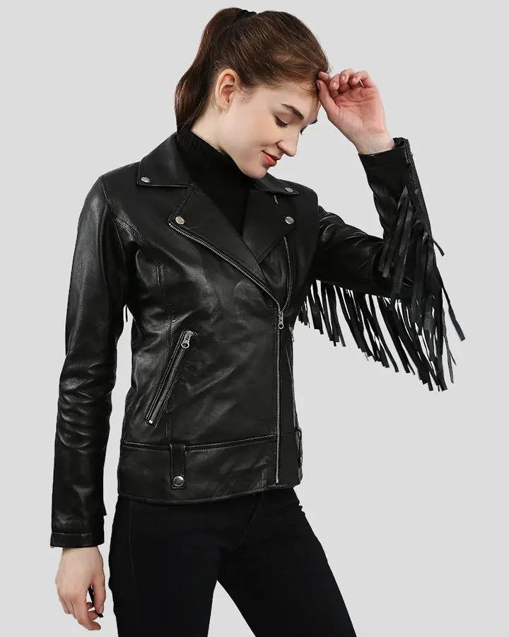 RAQUEL BLACK FRINGE BIKER LEATHER JACKET - Image 5
