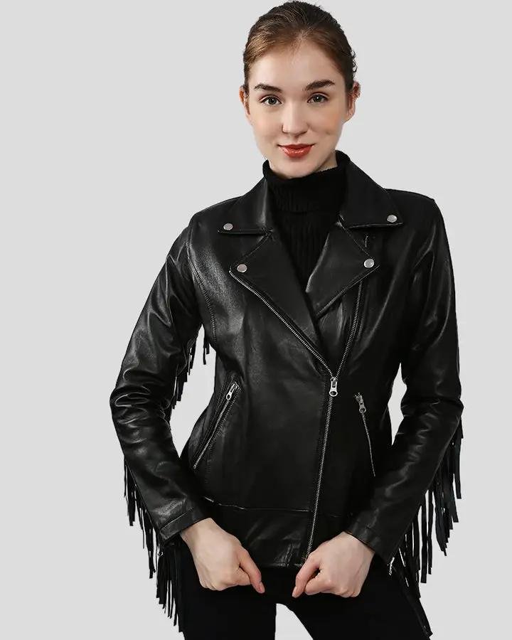 RAQUEL BLACK FRINGE BIKER LEATHER JACKET