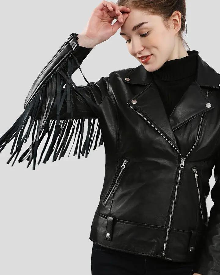 RAQUEL BLACK FRINGE BIKER LEATHER JACKET - Image 3