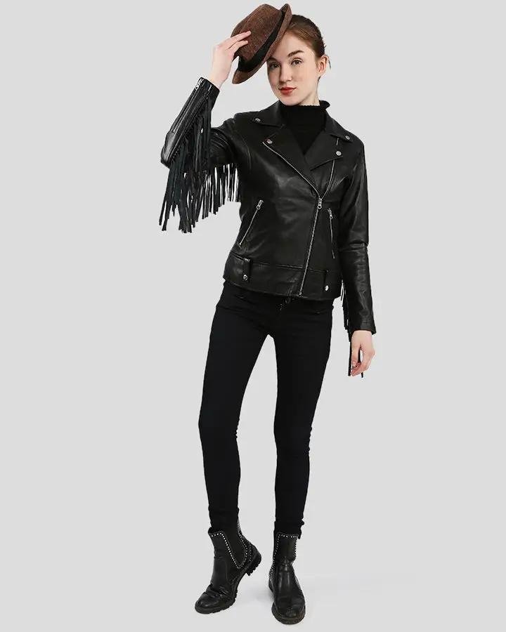 RAQUEL BLACK FRINGE BIKER LEATHER JACKET - Image 2