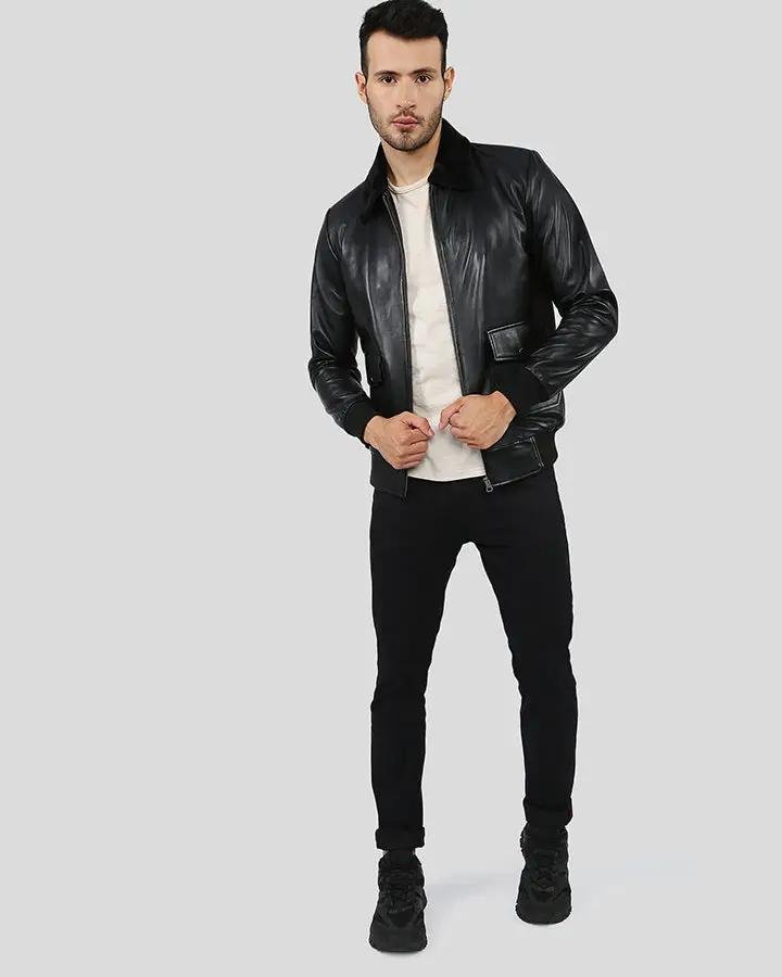 FLYNN BLACK BOMBER LEATHER JACKET - Image 2