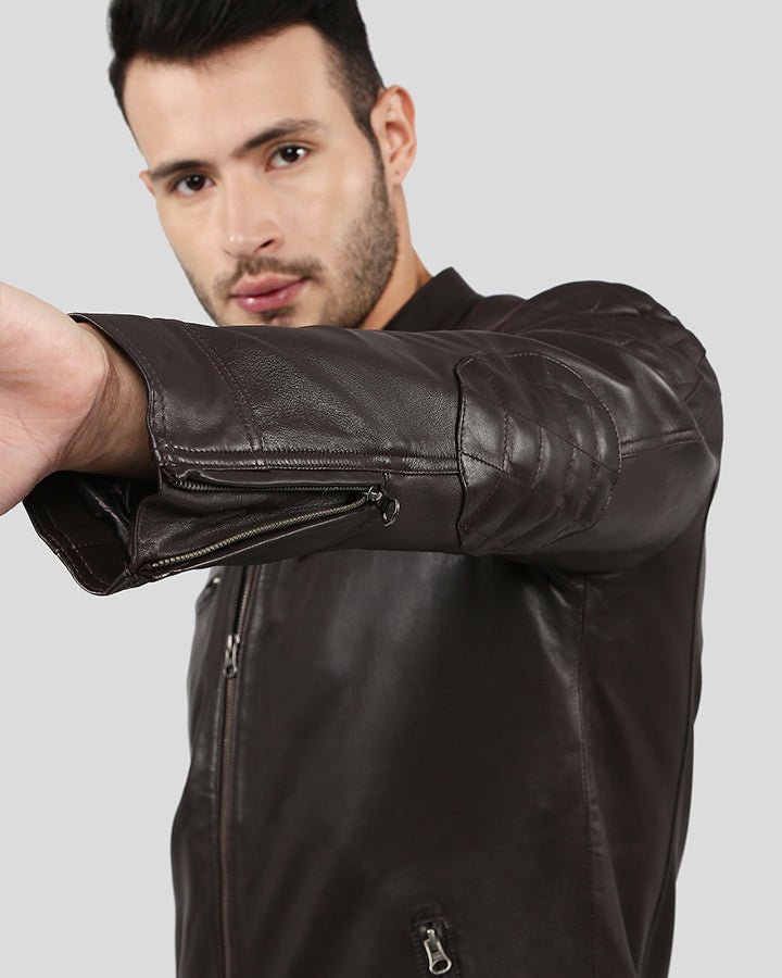 PIKE BROWN QUILTED RACER LEATHER JACKET - Image 4