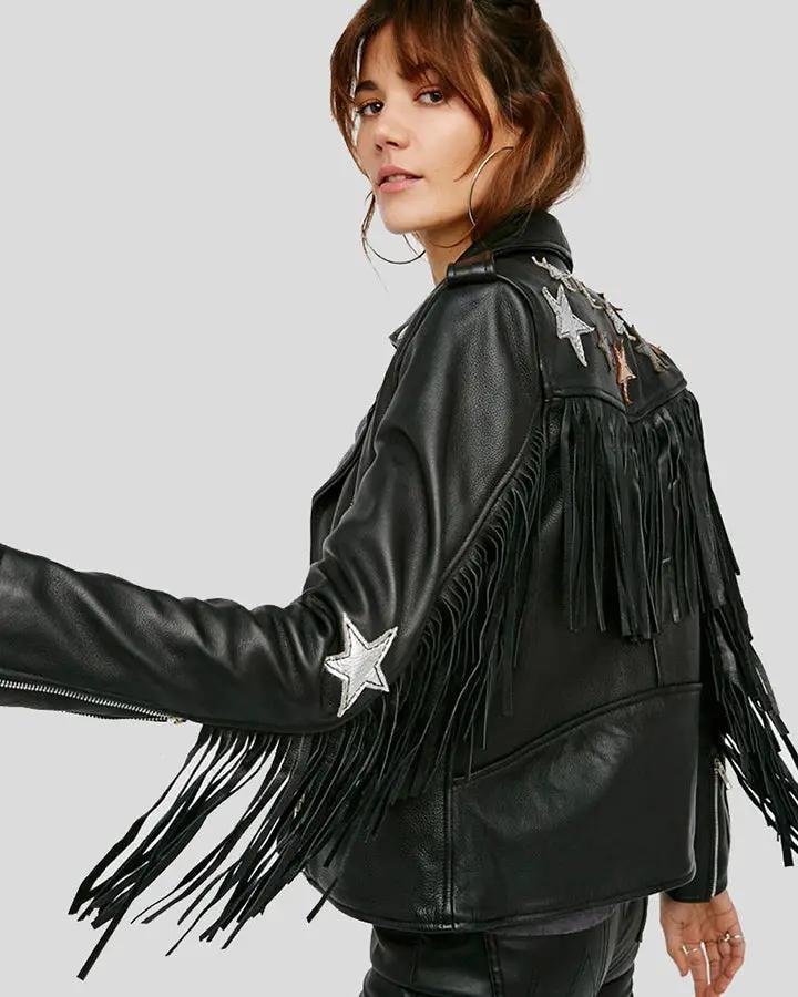 SLOANE BLACK BIKER LEATHER JACKET TASSELS