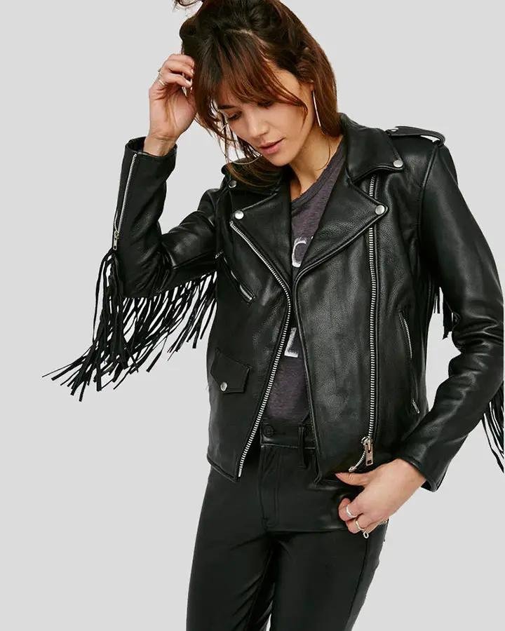 SLOANE BLACK BIKER LEATHER JACKET TASSELS - Image 2