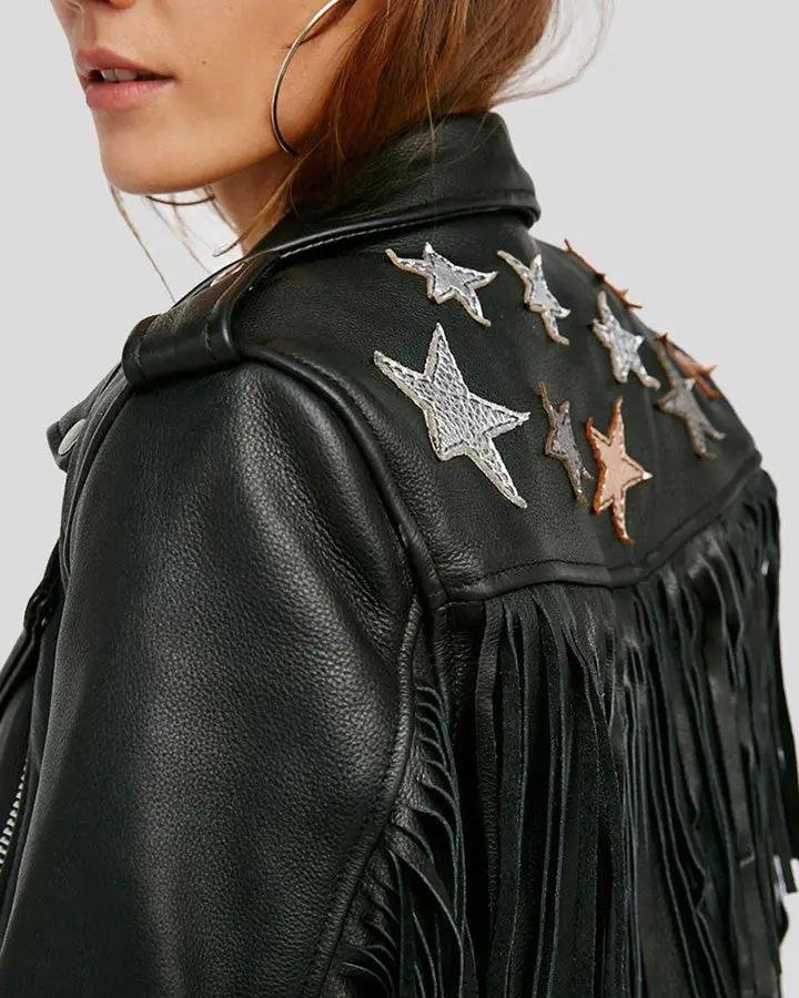 SLOANE BLACK BIKER LEATHER JACKET TASSELS - Image 4