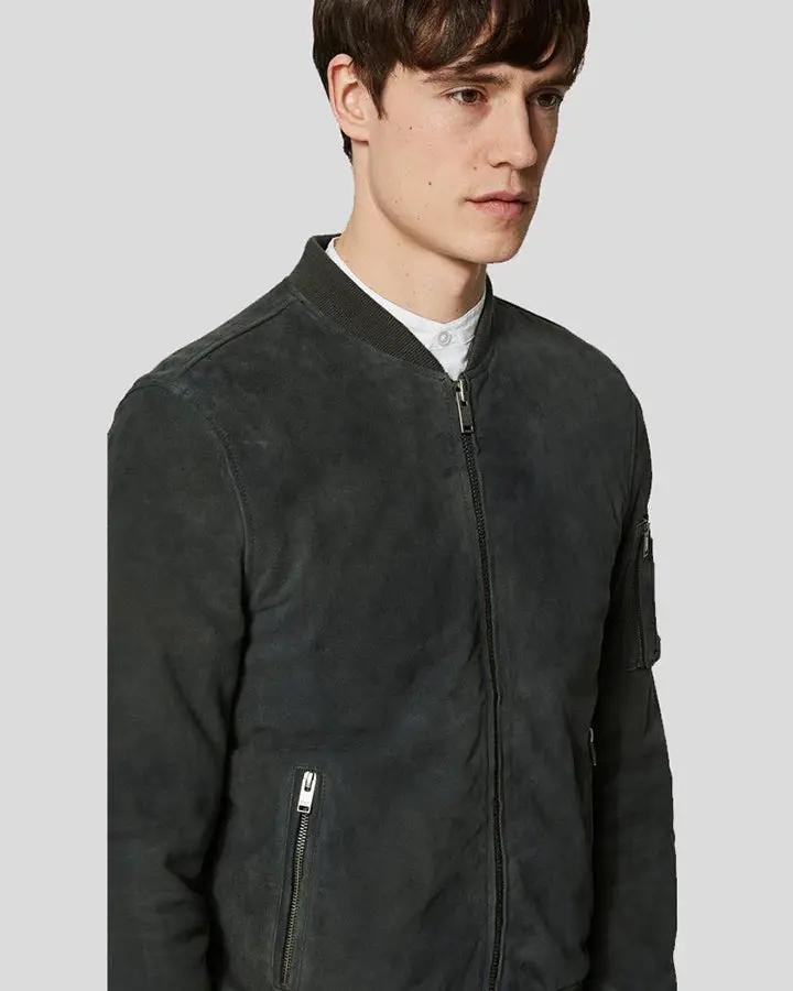 LUCY DARK GREEN SUEDE BOMBER LEATHER JACKET