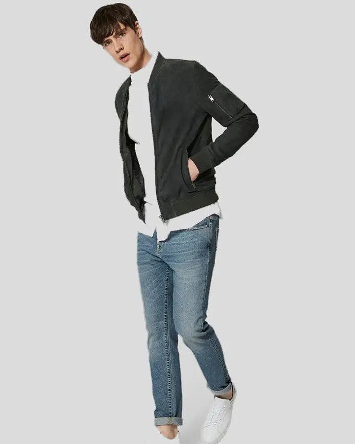 LUCY DARK GREEN SUEDE BOMBER LEATHER JACKET - Image 2