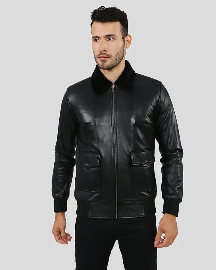 FLYNN BLACK BOMBER LEATHER JACKET