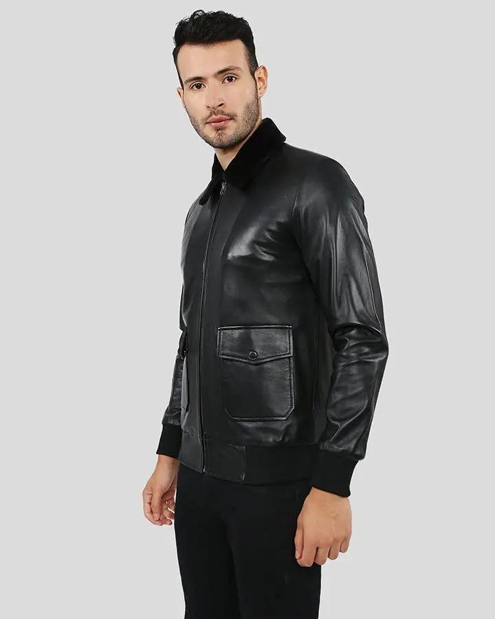 FLYNN BLACK BOMBER LEATHER JACKET - Image 7