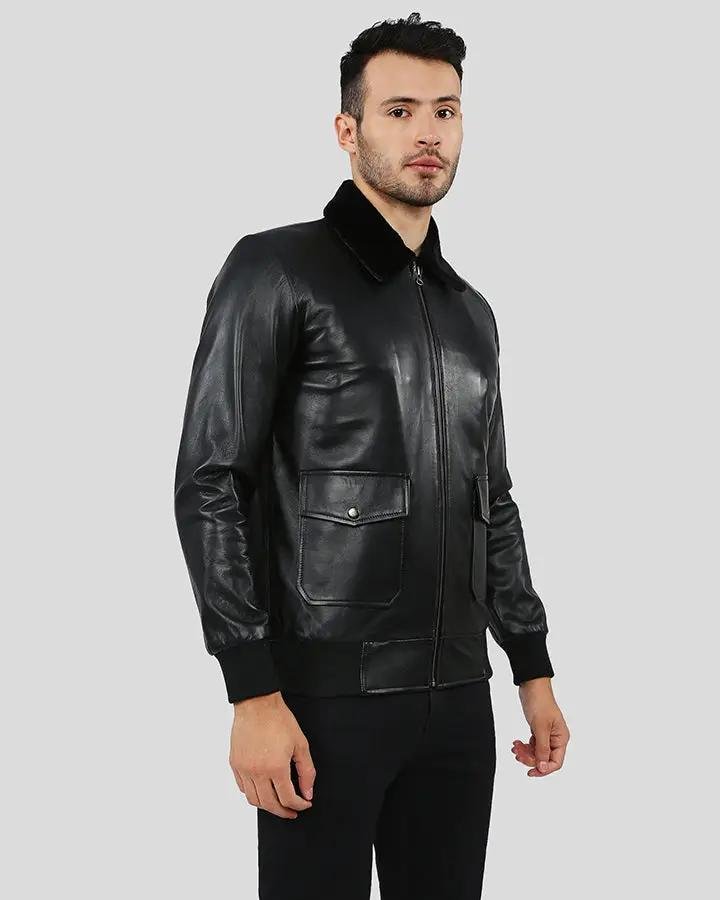 FLYNN BLACK BOMBER LEATHER JACKET - Image 6
