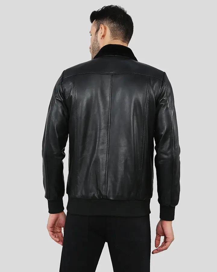 FLYNN BLACK BOMBER LEATHER JACKET - Image 5