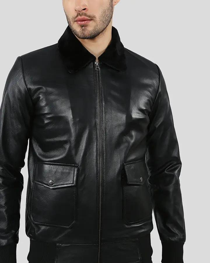 FLYNN BLACK BOMBER LEATHER JACKET - Image 4