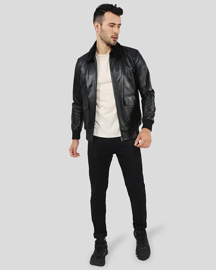 FLYNN BLACK BOMBER LEATHER JACKET - Image 3
