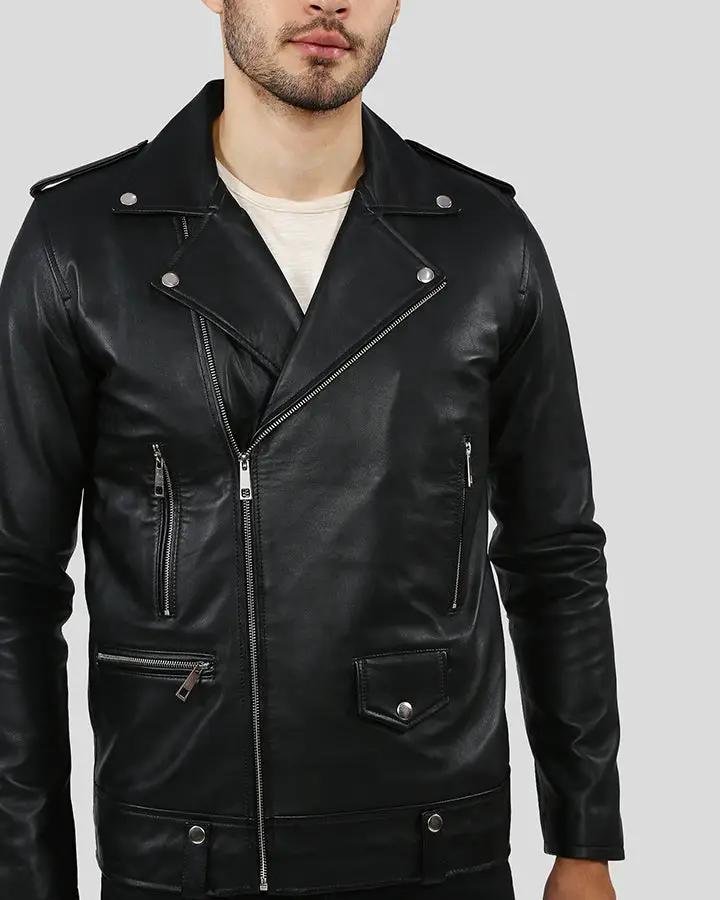 GREGOR BLACK BIKER LEATHER JACKET - Image 4