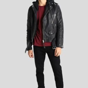 LUPE BLACK REMOVABLE HOODED LEATHER JACKET