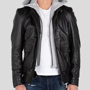 MARC BLACK REMOVABLE HOODED LEATHER JACKET