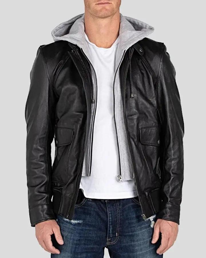 MARC BLACK REMOVABLE HOODED LEATHER JACKET