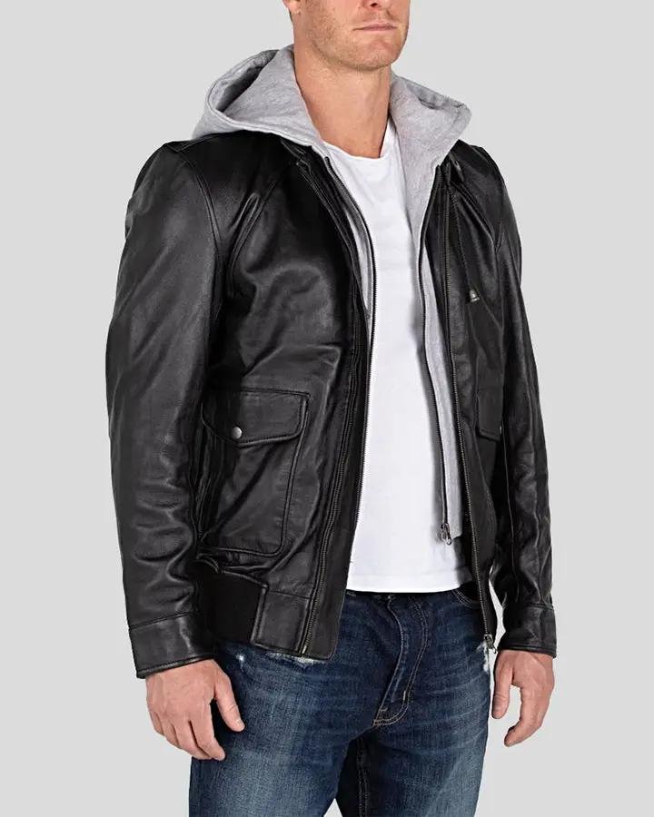 MARC BLACK REMOVABLE HOODED LEATHER JACKET - Image 2