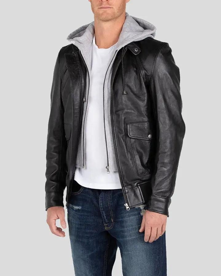 MARC BLACK REMOVABLE HOODED LEATHER JACKET - Image 3