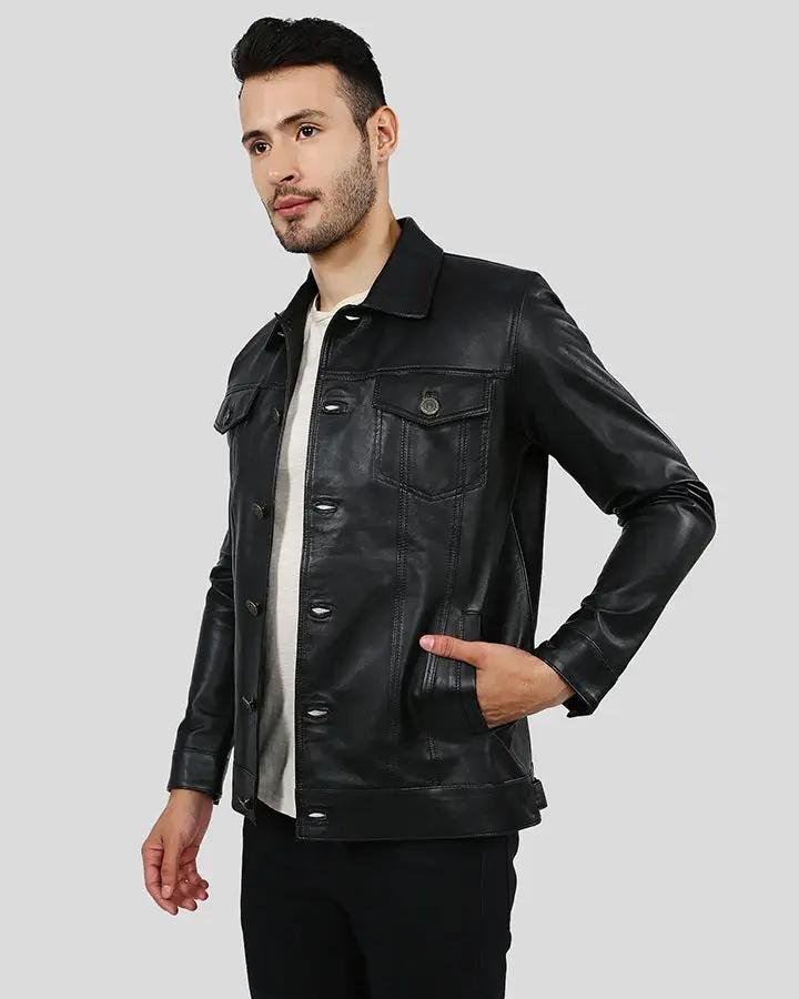 JAKE BLACK SLIM FIT BIKER LEATHER JACKET - Image 2