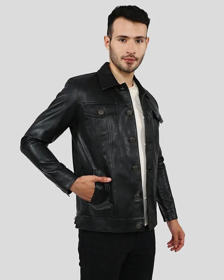 JAKE BLACK SLIM FIT BIKER LEATHER JACKET - Image 3