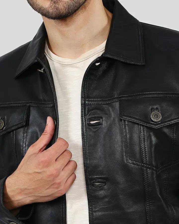JAKE BLACK SLIM FIT BIKER LEATHER JACKET - Image 5