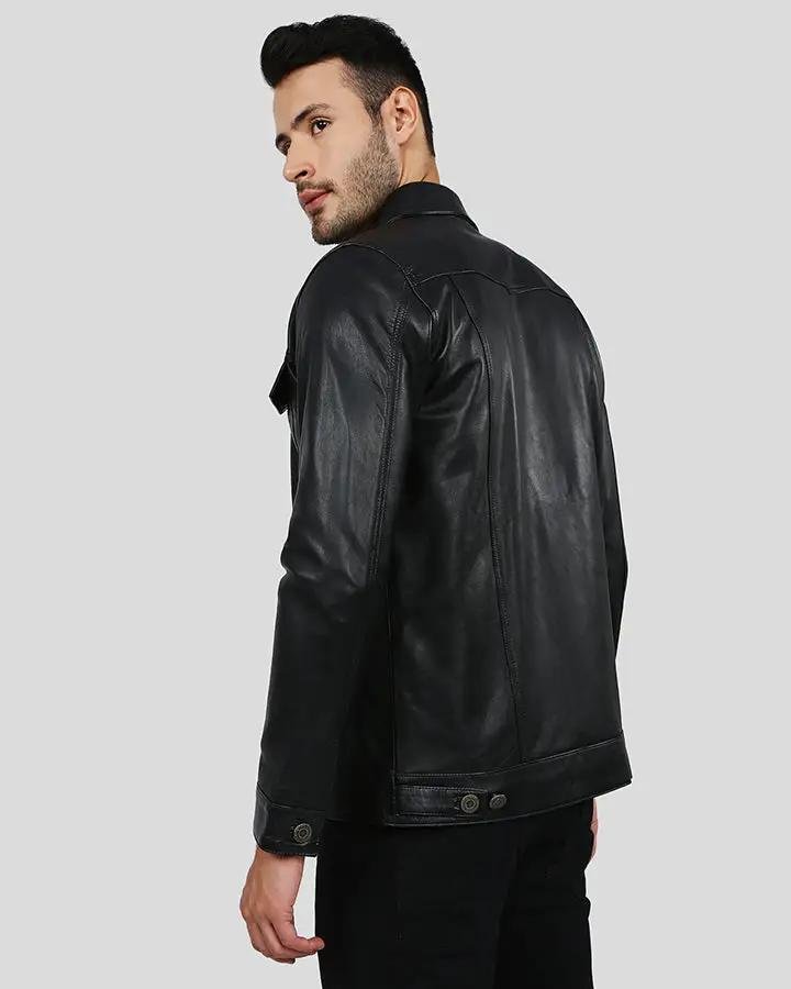 JAKE BLACK SLIM FIT BIKER LEATHER JACKET - Image 7