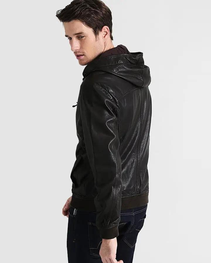 CHET BLACK HOODED GENUINE LEATHER JACKET - Image 4