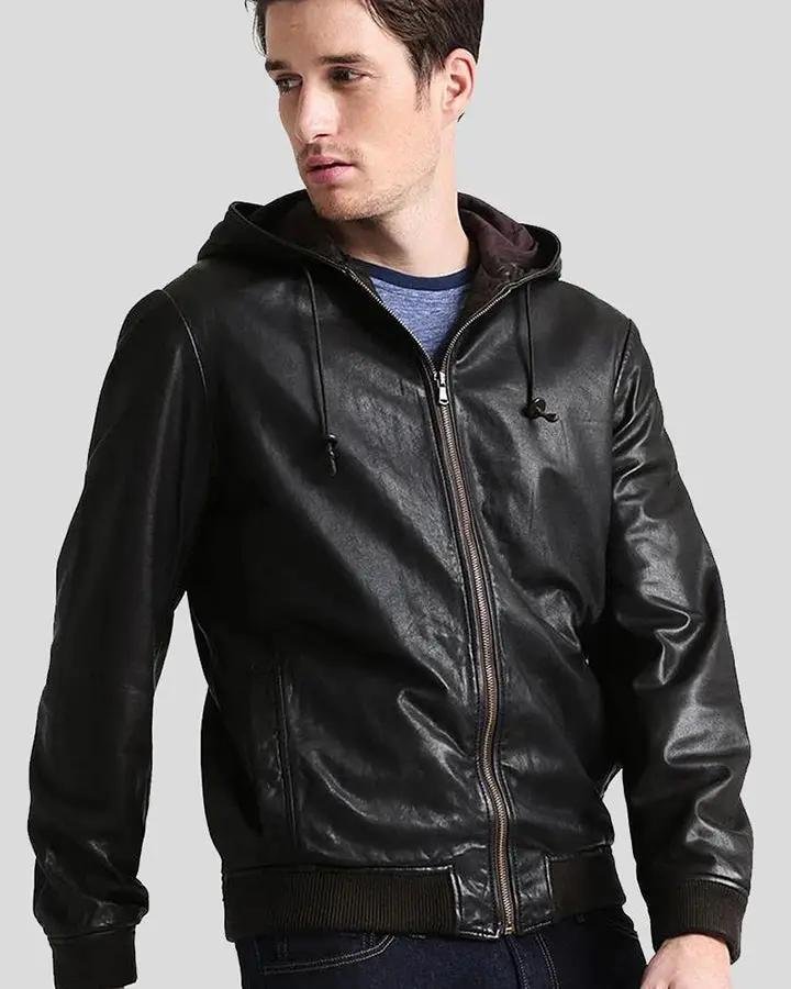CHET BLACK HOODED GENUINE LEATHER JACKET