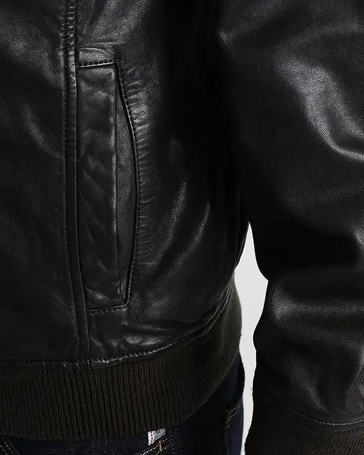 CHET BLACK HOODED GENUINE LEATHER JACKET - Image 3