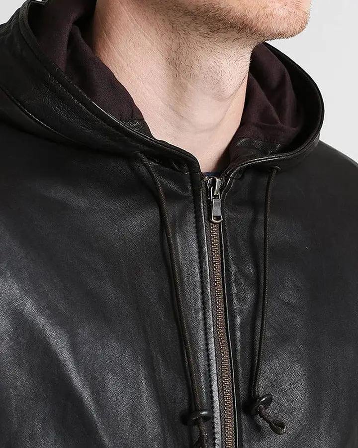 CHET BLACK HOODED GENUINE LEATHER JACKET - Image 2